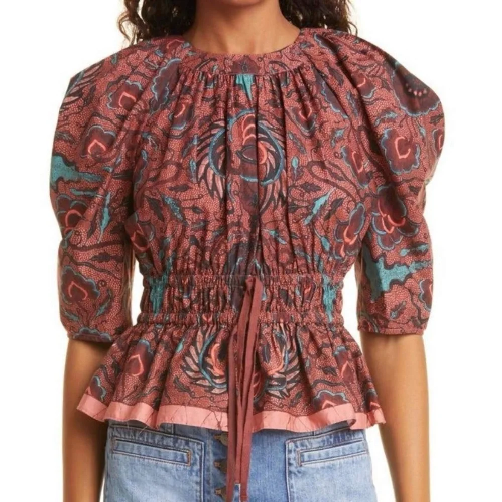 Ulla Johnson Mireya Puff Sleeve Denisa Carmine Peplum Blouse